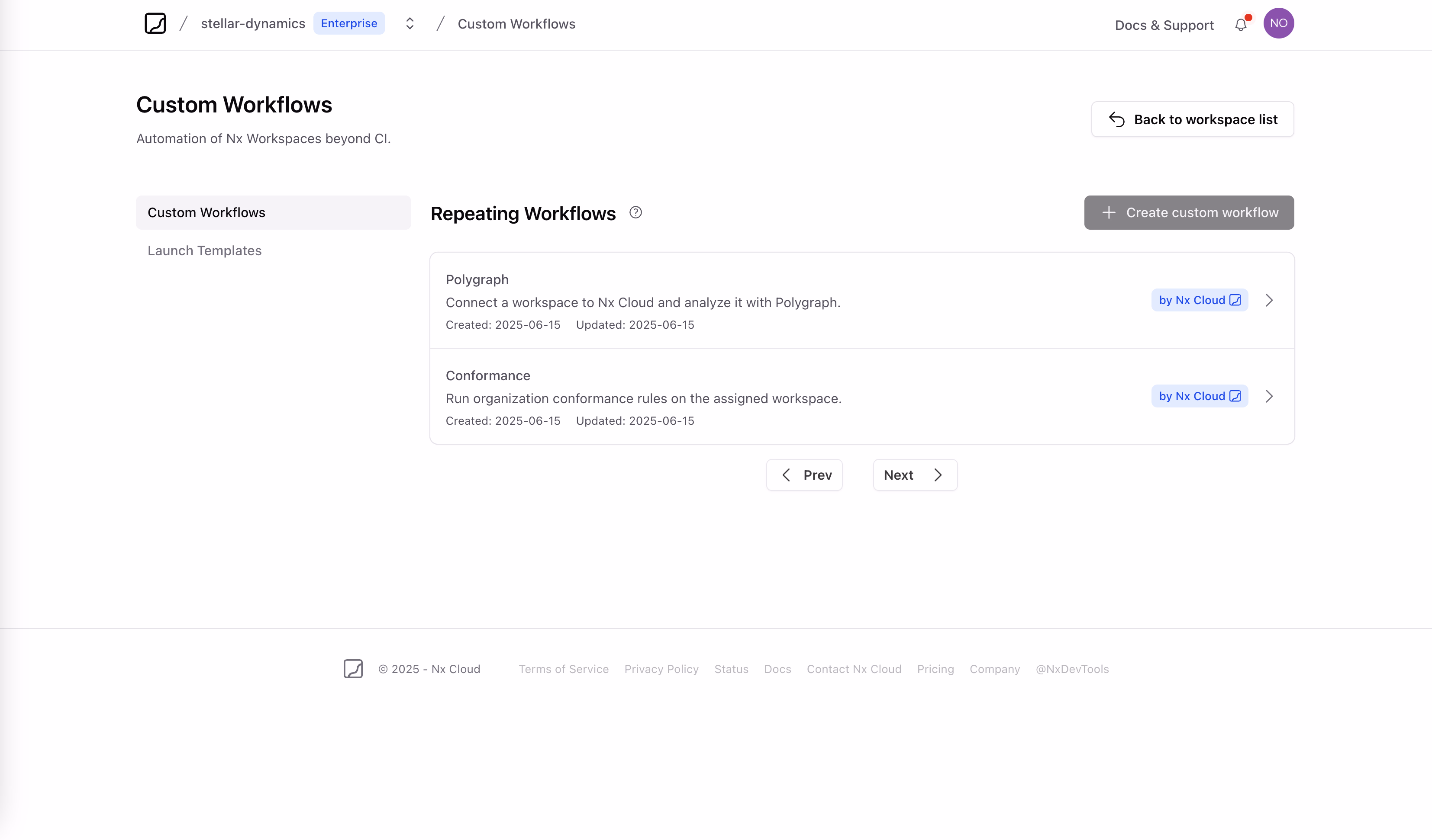 Screenshot of custom workflows in Nx Cloud